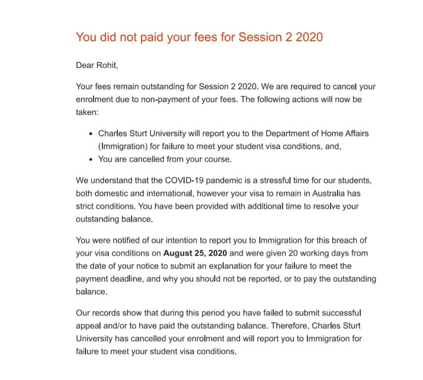 An email from CSU cancellation of Rohit Kumar's CoE.