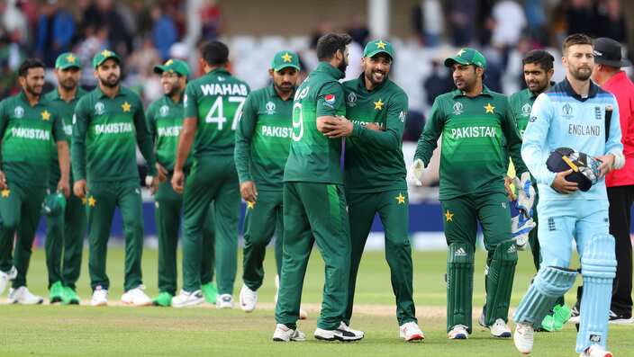 Pakistan players congratulate each other after their win over England in the Cricket World Cup match at Trent Bridge in Nottingham, Monday, June 3, 2019. (AP Photo/Rui Vieira)