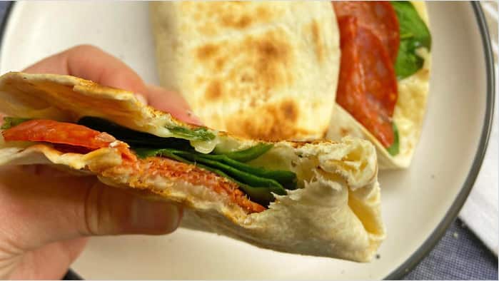 Wrap meets sandwich meets toastie. Also good with just cheese.