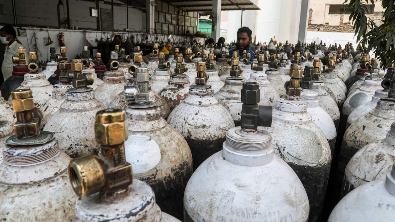 Medical oxygen cylinders at a charging station during the second wave of Covid-19 pandemic.
