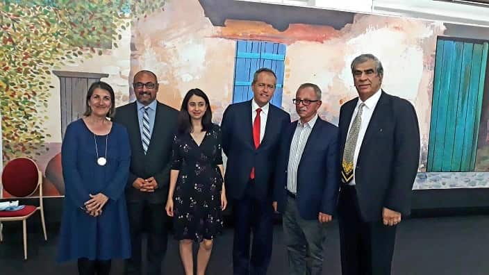 (R): Stelios Aggelodemou, Theo Thoephanous, Bill Shorten, Kat Theophanous, Peter Khalil, Maria Vamvakinou ath the Cyprus Community of Melbourne, March2018.