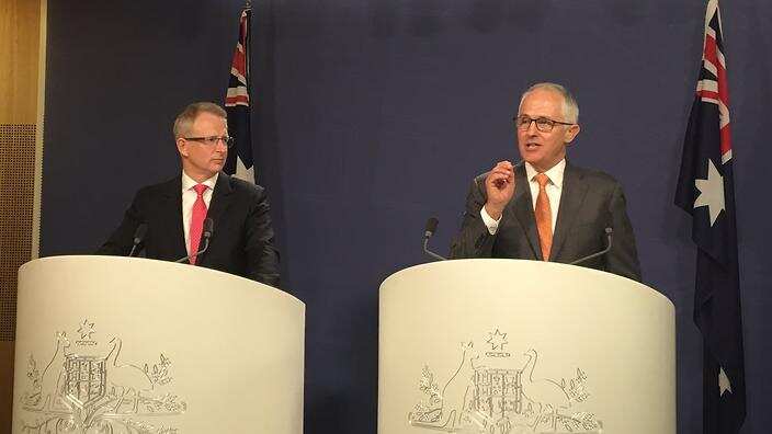 Prime Minister Malcolm Turnbull and Federal Urban Infrastructure Minister Paul Fletcher announce the green lighting of Badgerys Creek airport. 