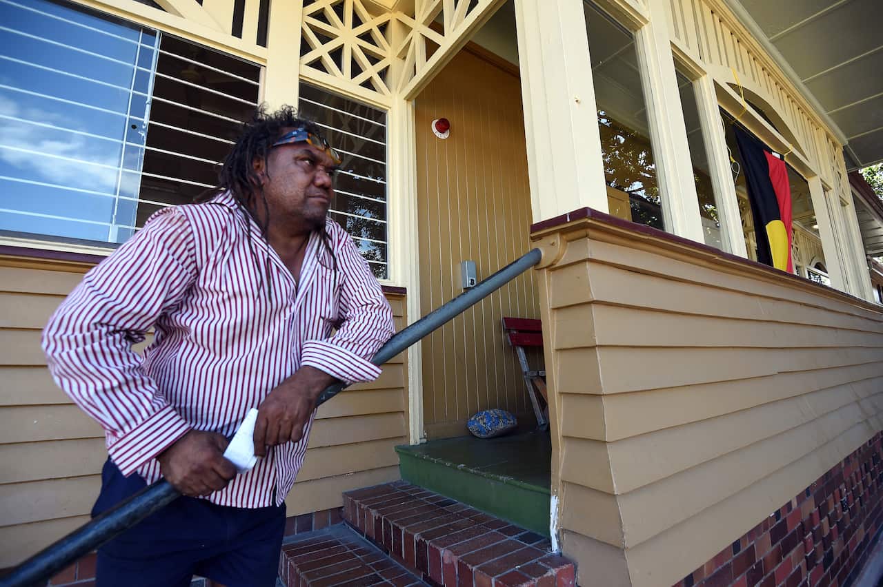 Wayne Wharton pictured outside the Brisbane Aboriginal Sovereign Embassy in 2014.