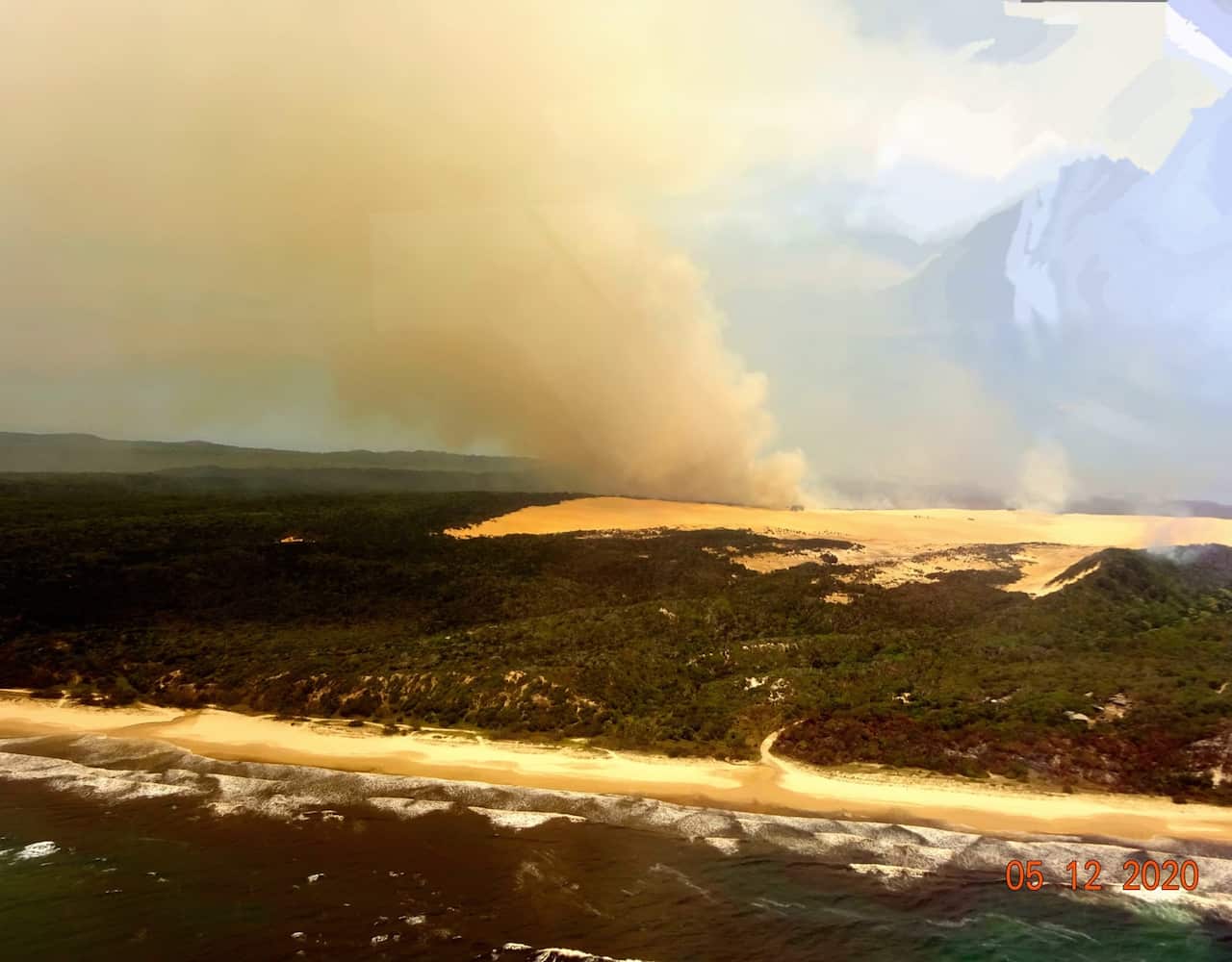 An aerial image of the K'gari-Fraser Island bushfire captured on Saturday, December 5.