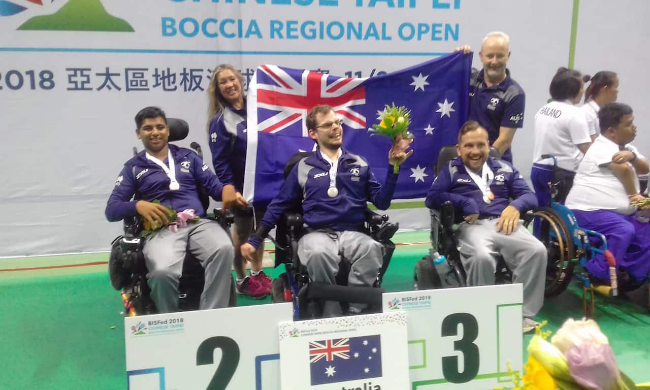 Aaryan Shah with his Boccia team in Taiwan
