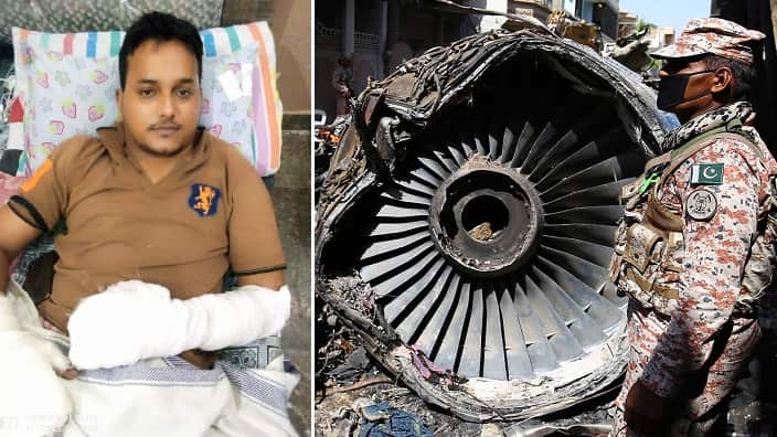 (Left) Plane crash survivor Muhammad Zubair; (right) wreckage of state run Pakistan International Airlines, Airbus A320 is lying in a residential area, Karachi.
