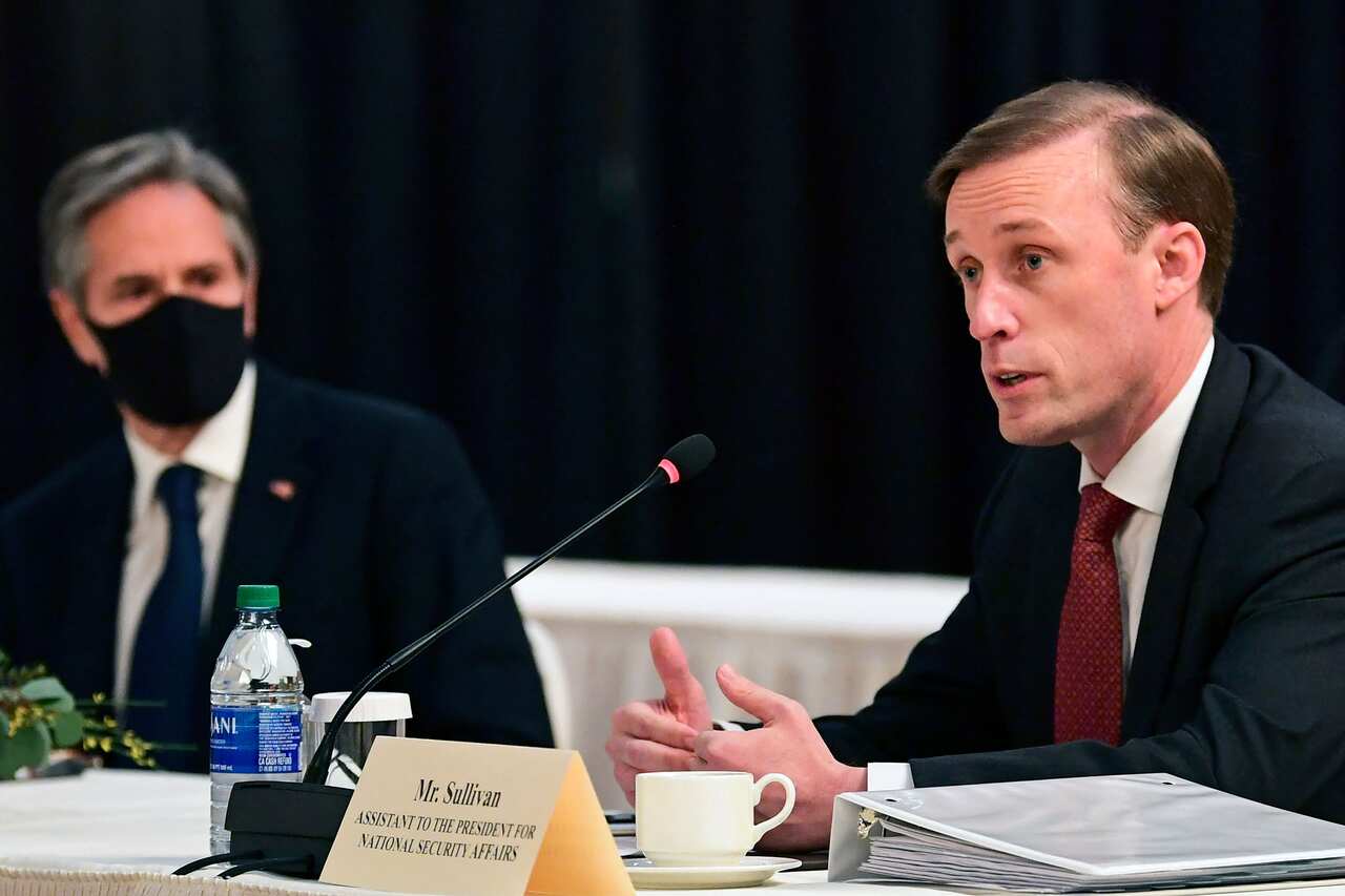 US National Security Advisor Jake Sullivan speaks as US Secretary of State Antony Blinken looks on at the opening session of US-China talks in Alaska.