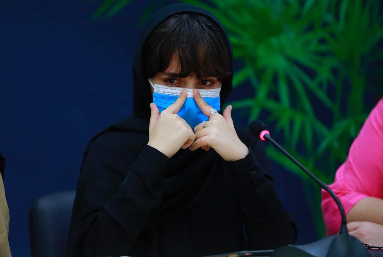A member of the all-women robotics team during a press conference at the Mexico City International Airport