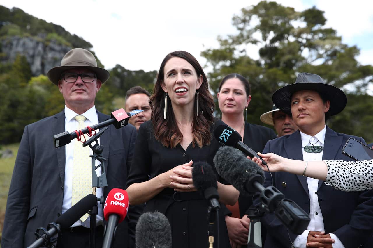 New Zealand Prime Minister Jacinda Arden speaks to media about the country's COVID-19 vaccine plan in Northland on Wednesday.