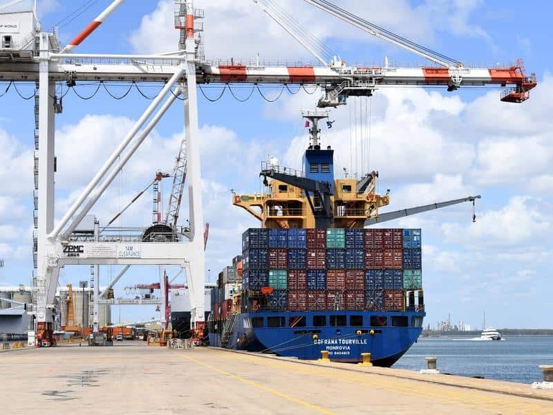A container ship docked at the Port of Brisbane.