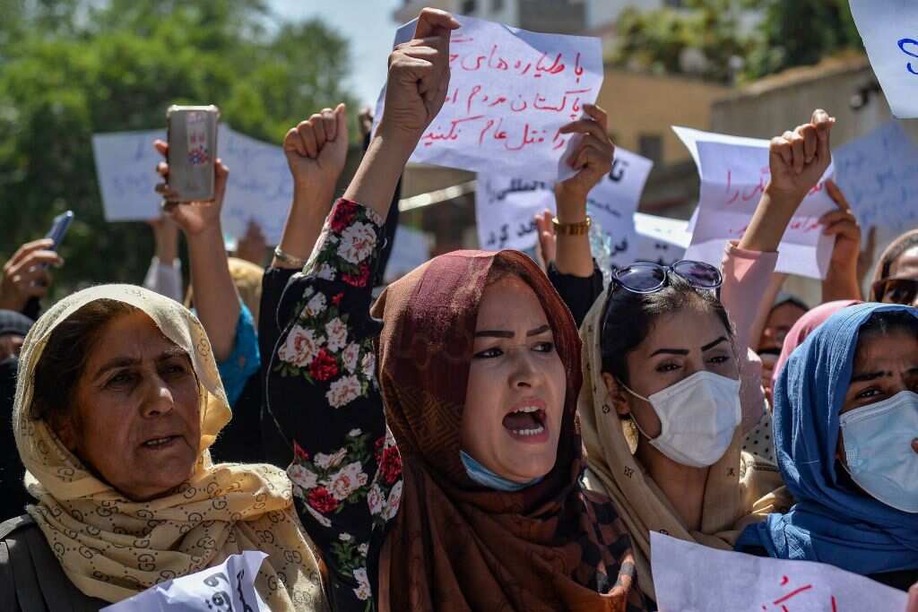Afghan women shout slogans during an anti-Pakistan protest near the Pakistan embassy in Kabul on 7 September.