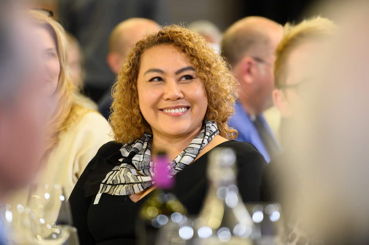 Karen Mundine watches on as Minister for Indigenous Affairs Ken Wyatt speaks at the National Press Club in Canberra, Wednesday, July 10, 2019. (AAP Image/Rohan Thomson) NO ARCHIVING