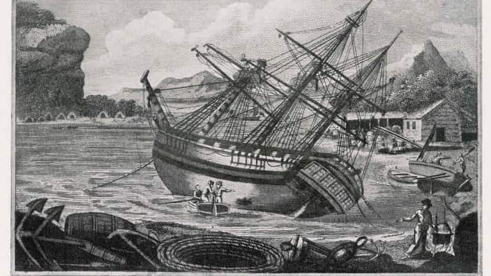 Repairs being carried out on  Cook's ship the Endeavour.