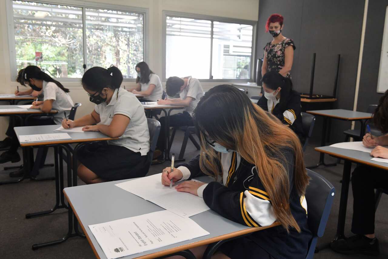 Year 12 students following their first HSC exam at Sydney Secondary College in Sydney, Tuesday, November 9, 2021. 