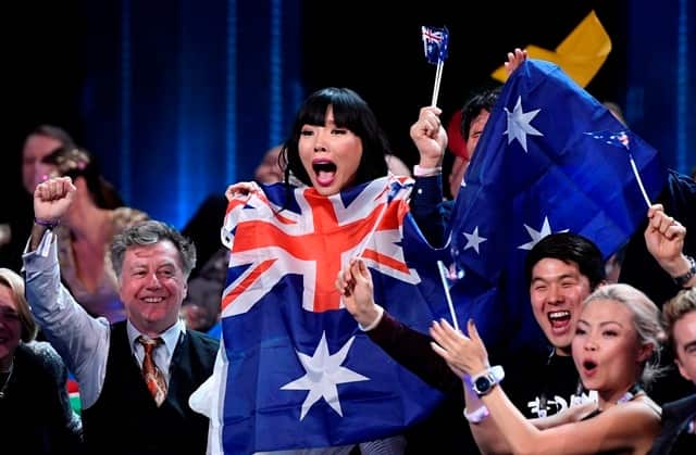 Australia's Dami Im celebrates as she learns the results during the Eurovision Song Contest final in Stockholm, Sweden.