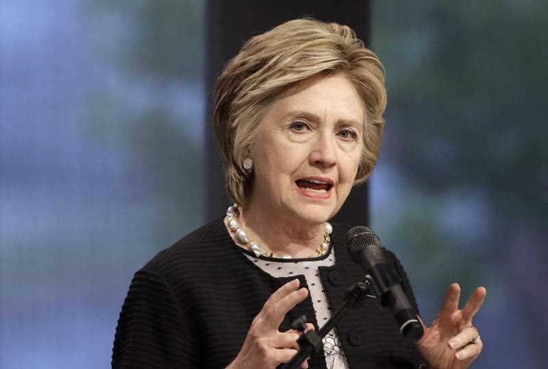 In this June 5, 2017 file photo, former Secretary of State Hillary Clinton speaks in Baltimore. Clinton says she's "shocked and appalled" by the revelations of sexual abuse and harassment being leveled at Harvey Weinstein.