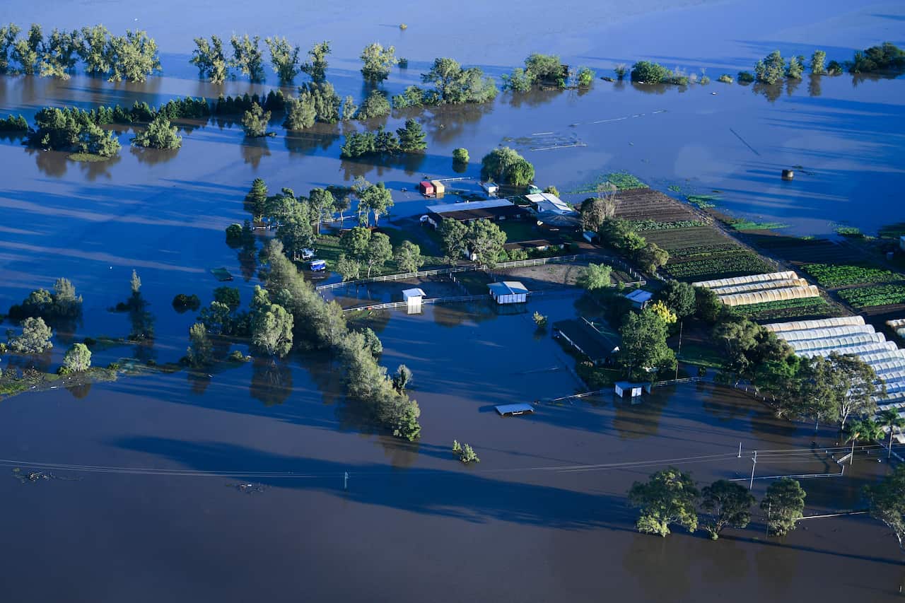 Flood affected areas are seen from a helicopter in the Windsor area on 24 March in Sydney.