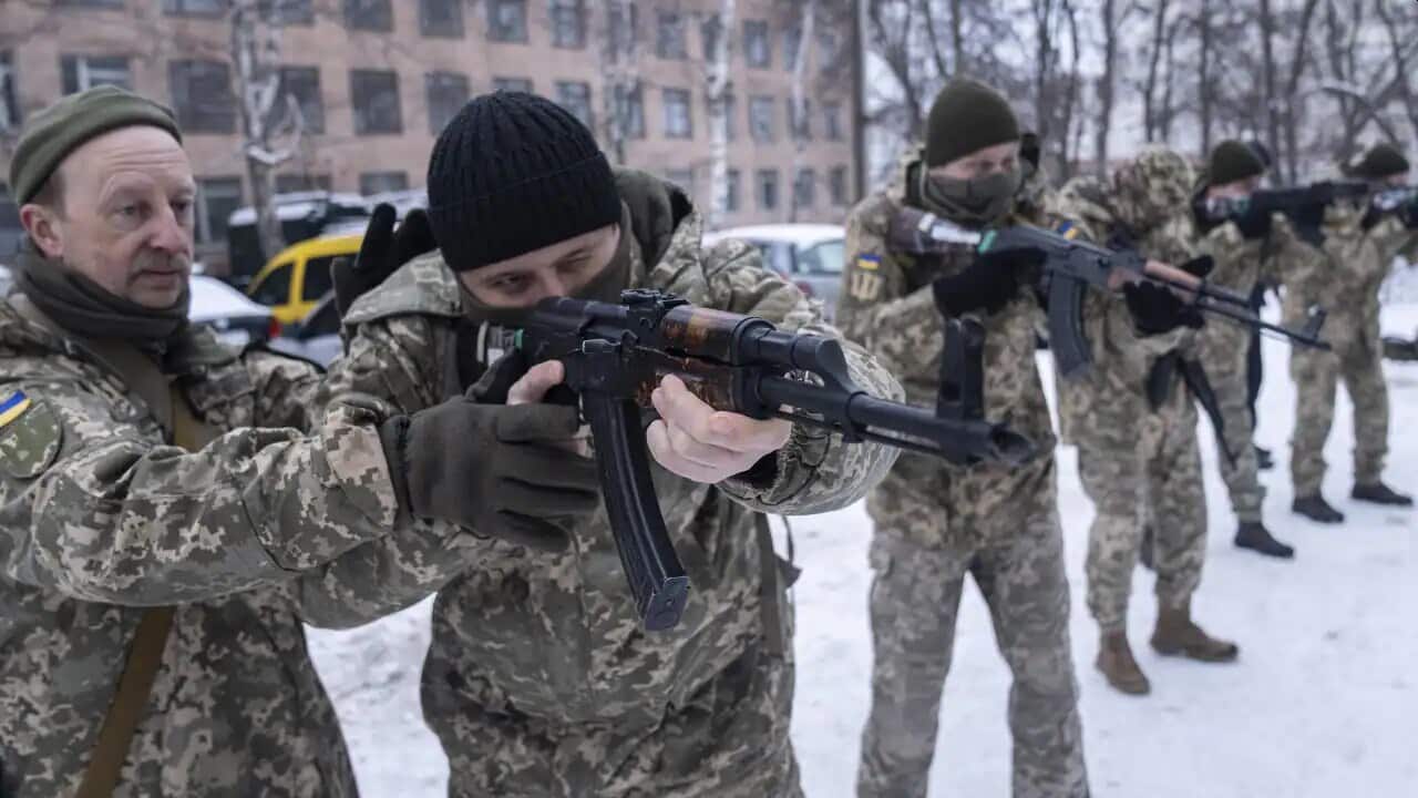 Members of Ukraine's Territorial Defence Forces, volunteer military units of the Armed Forces, train in Kharkiv, Ukraine, on Saturday, 29 January, 2022.