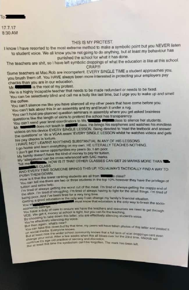 The first half of the note where a student admits defecating on school grounds.