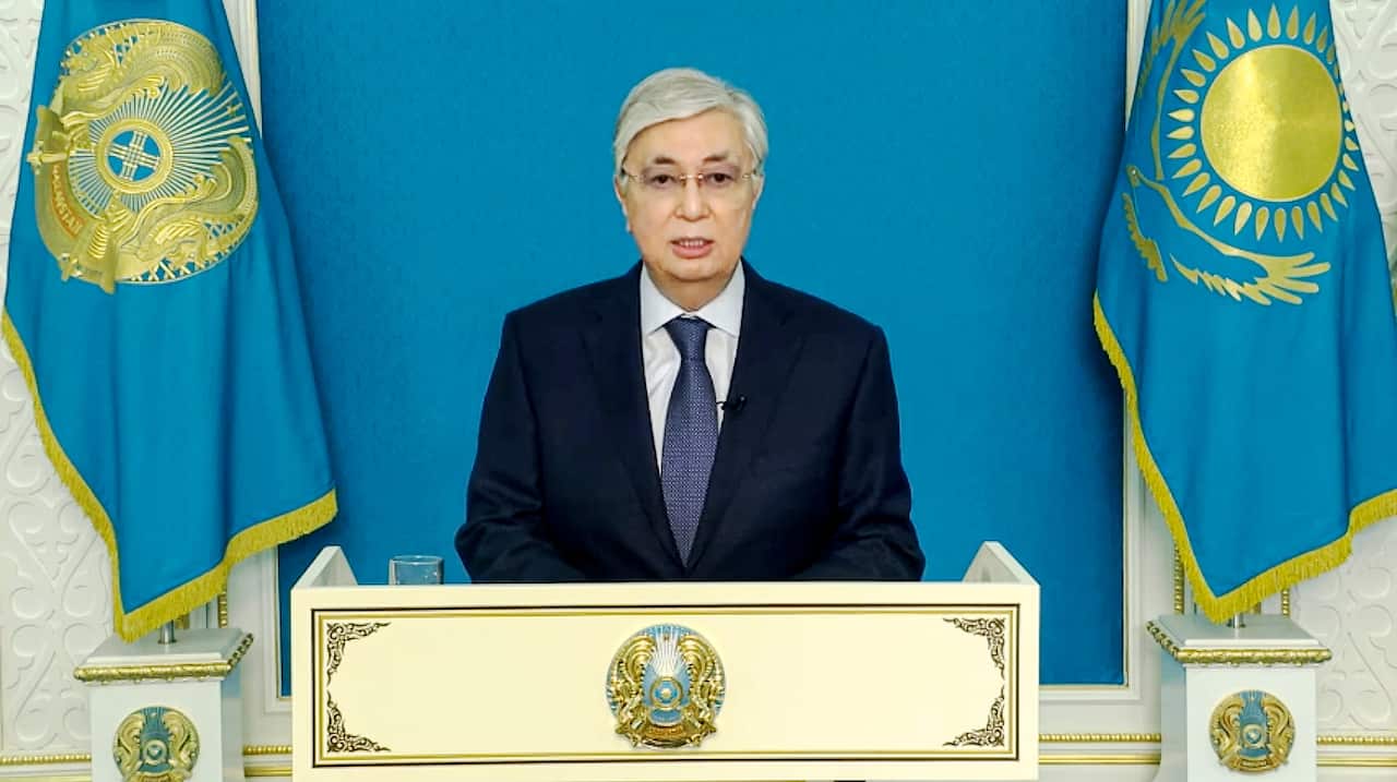 Kazakhstan's President Kassym-Jomart Tokayev speaks during a televised statement to the nation in Nur-Sultan.
