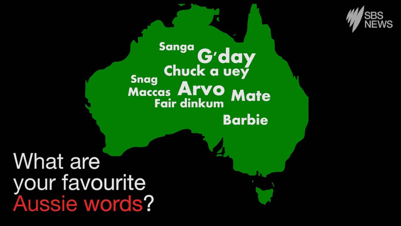 A map with Australian slang like sanga, g'day, chuck a uey, snag, Maccas, Arvo, Mate, Fair dinkum, Barbie