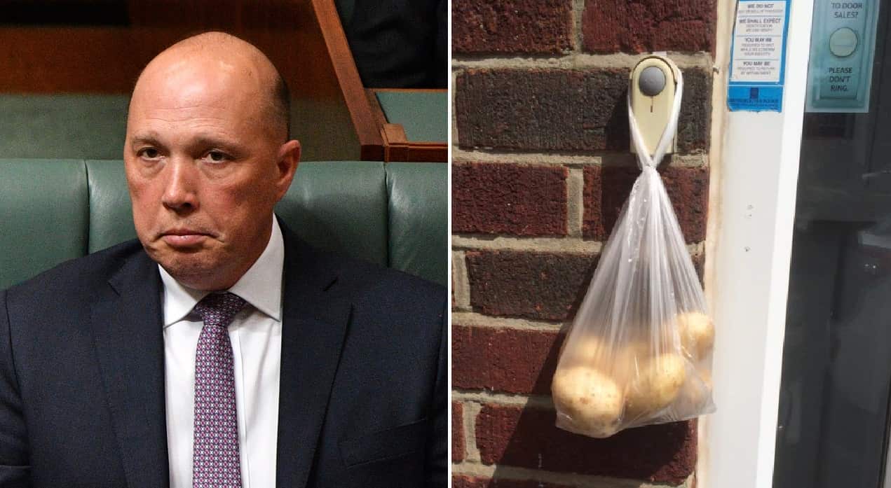 Peter Dutton in Parliament and potatoes posted on social media.