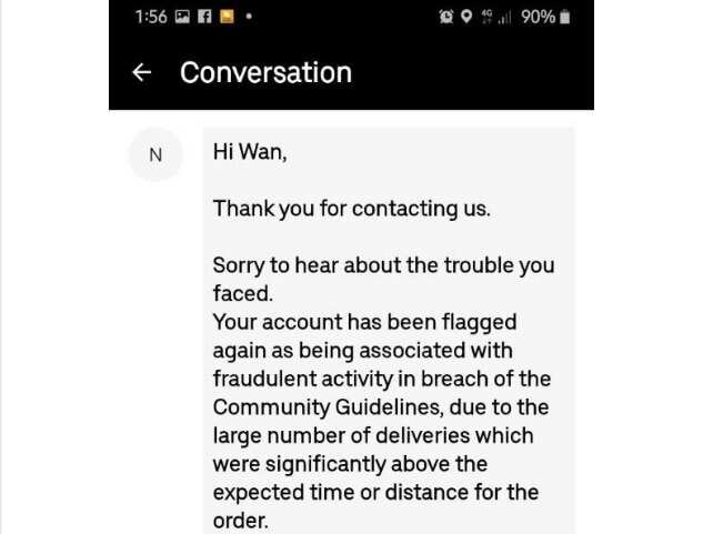 Messages Rosya (Wan) recieved from Uber Eats. 