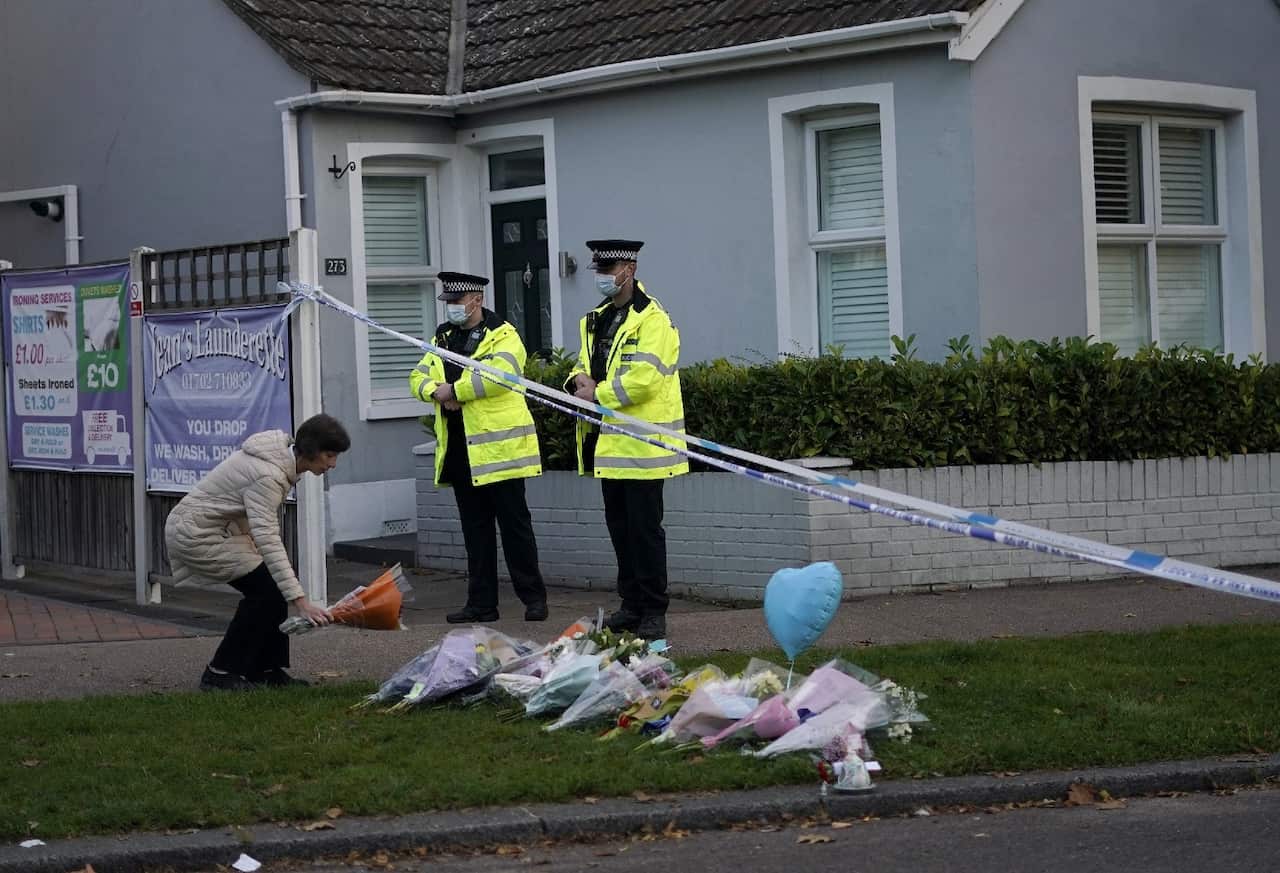Tributes for David Amess are placed near the Belfairs Methodist Church in Eastwood Road North, in Leigh-on-Sea, Essex, England.