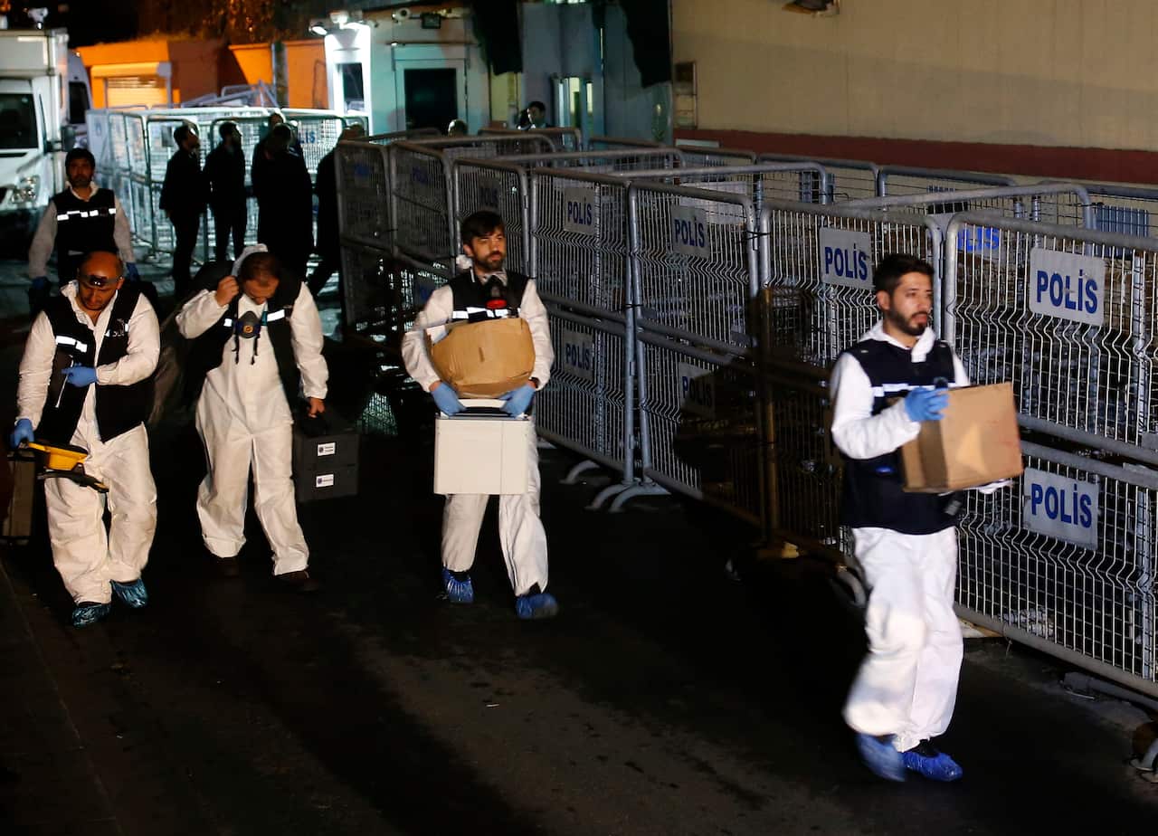 Turkish forensic officers leave the Saudi consulate with evidences after they conducted a new search over the disappearance of writer Jamal Khashoggi