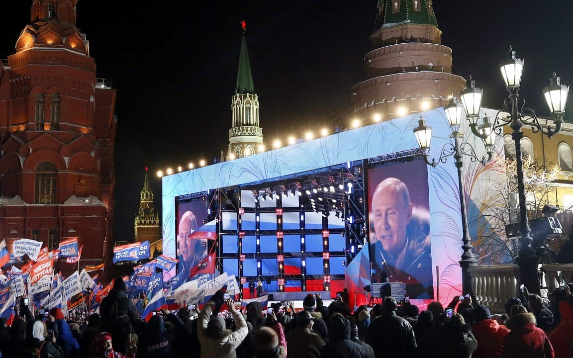 Russian President Vladimir Putin during a rally near the Kremlin in Moscow.