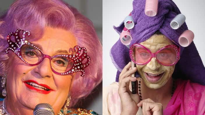 Barry Humphries (left) as Dame Edna, and Ssumier Pasricha (right) in his Pammi Aunty avatar