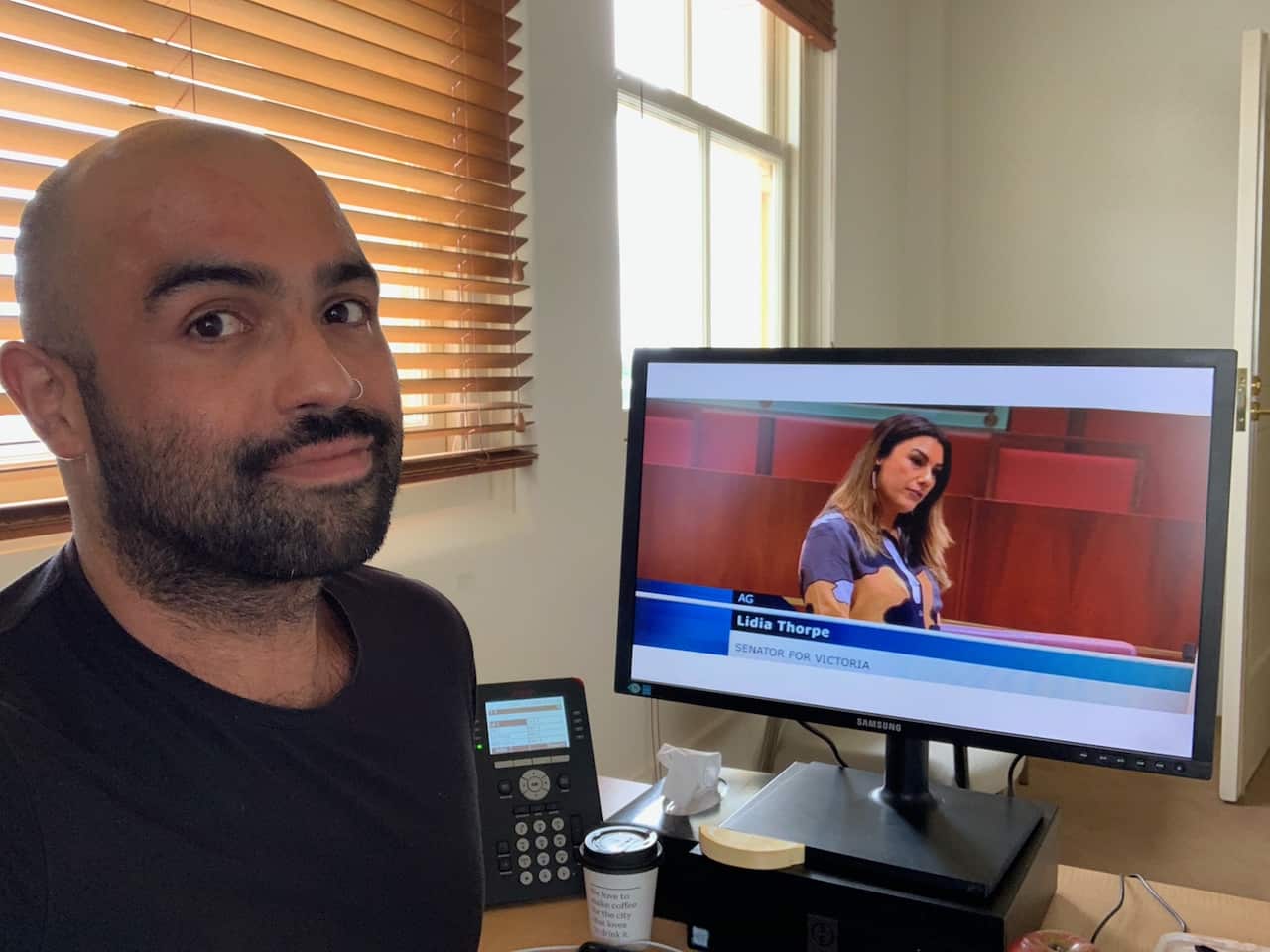 David Mejia Canales working with Green's Senator Lidia Thorpe. 