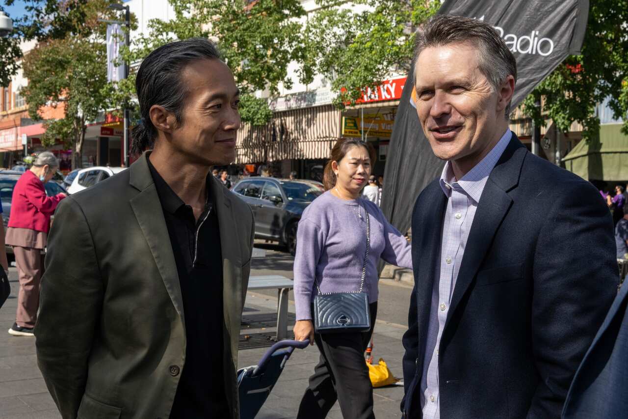 Director of Audio and Language Content at SBS, David Hua, and Labor MP Jason Clare at the Bankstown event.