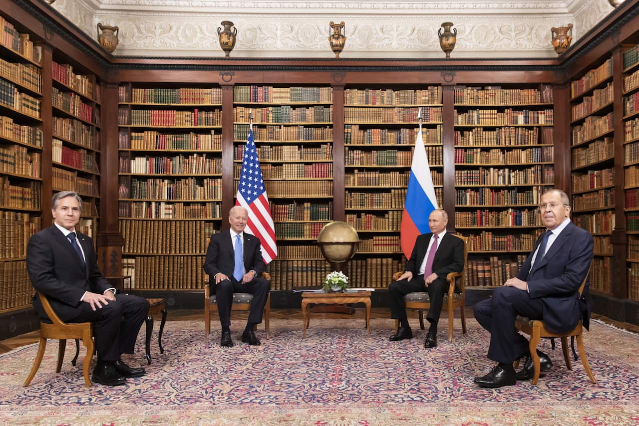 L-R: US Secretary of State Antony Blinken, US President Joe Biden, Russian President Vladimir Putin and Russian Foreign Minister Sergei Lavrov at the summit.  