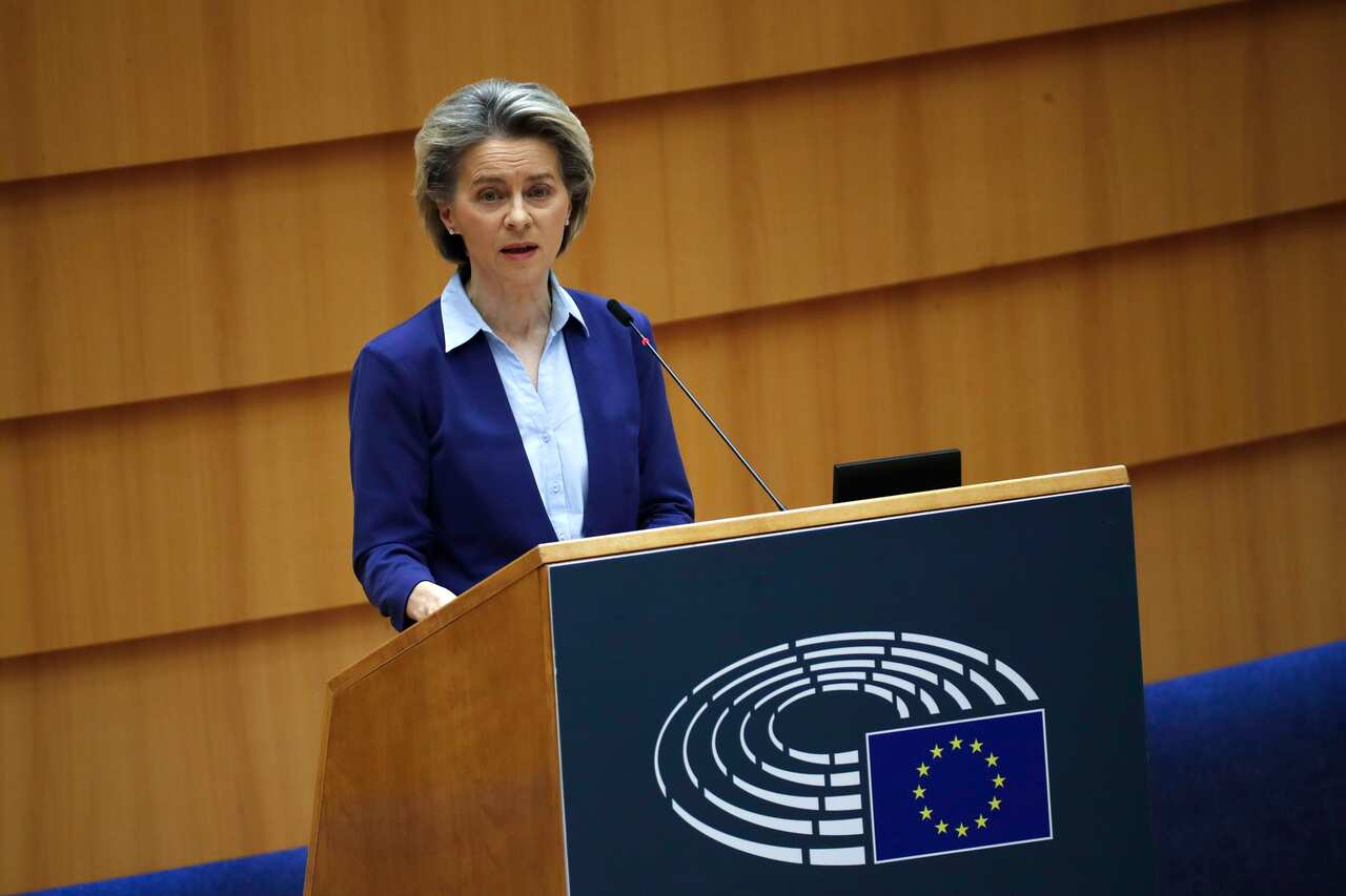 European Commission President Ursula von der Leyen speaks during a debate on the united EU approach to COVID-19 vaccinations at the European Parliament.       