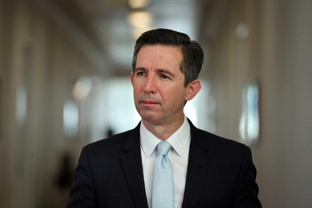 Minister for Finance Simon Birmingham at a press conference at Parliament House in Canberra.