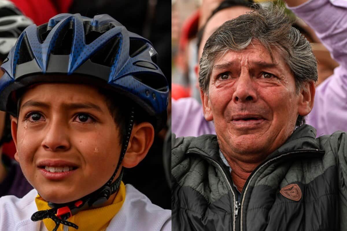 The young and the old cry while watching the Tour de France in Zipaquira, Colombian cyclist Egan Bernal's hometown (Getty) 