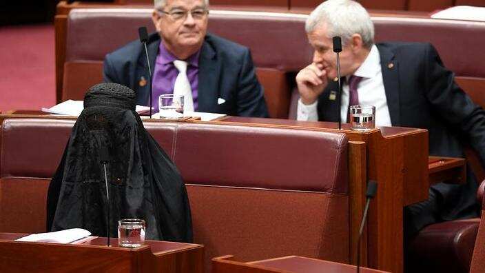 One Nation Senator Pauline Hanson wearing a burqa during Senate Question Time. (AAP)