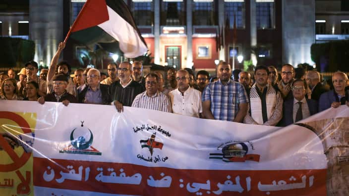 Moroccans chant slogans during a demonstration against a visit by U.S. President Donald Trump's  adviser Jared Kushner and his proposed Mideast peace plan