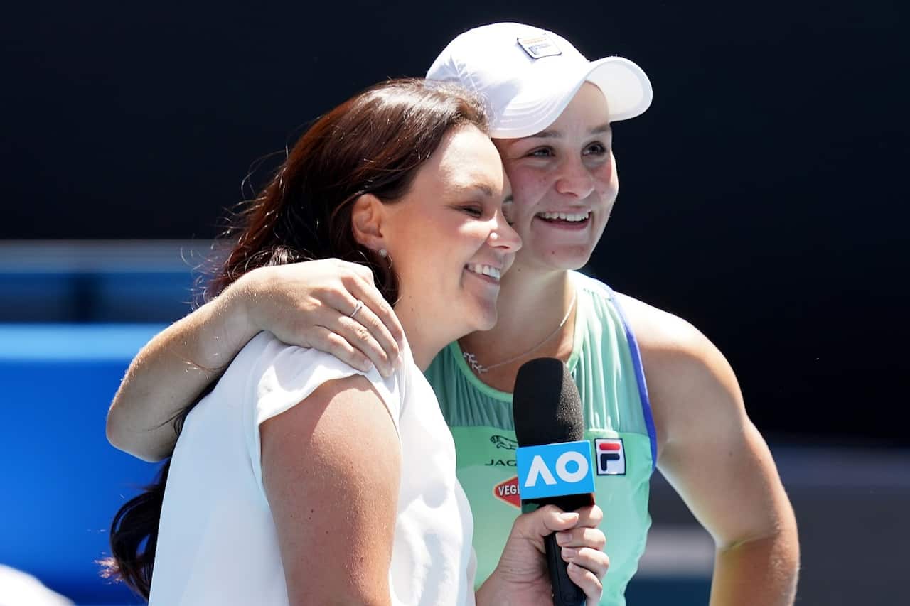 Ashleigh Barty of Australia is congratulated by Casey Dellacqua