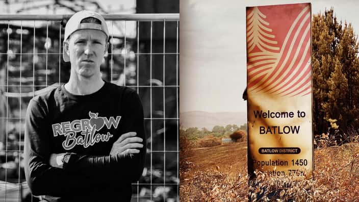 James Zimmerman; A scorched welcome sign after bushfire swept across the area. 