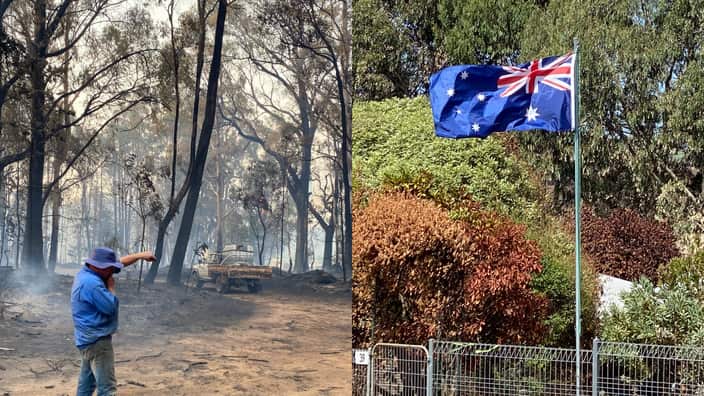 A local working to recover through the bushfire-crisis; The Australian flag flying high at a property at Batlow. 