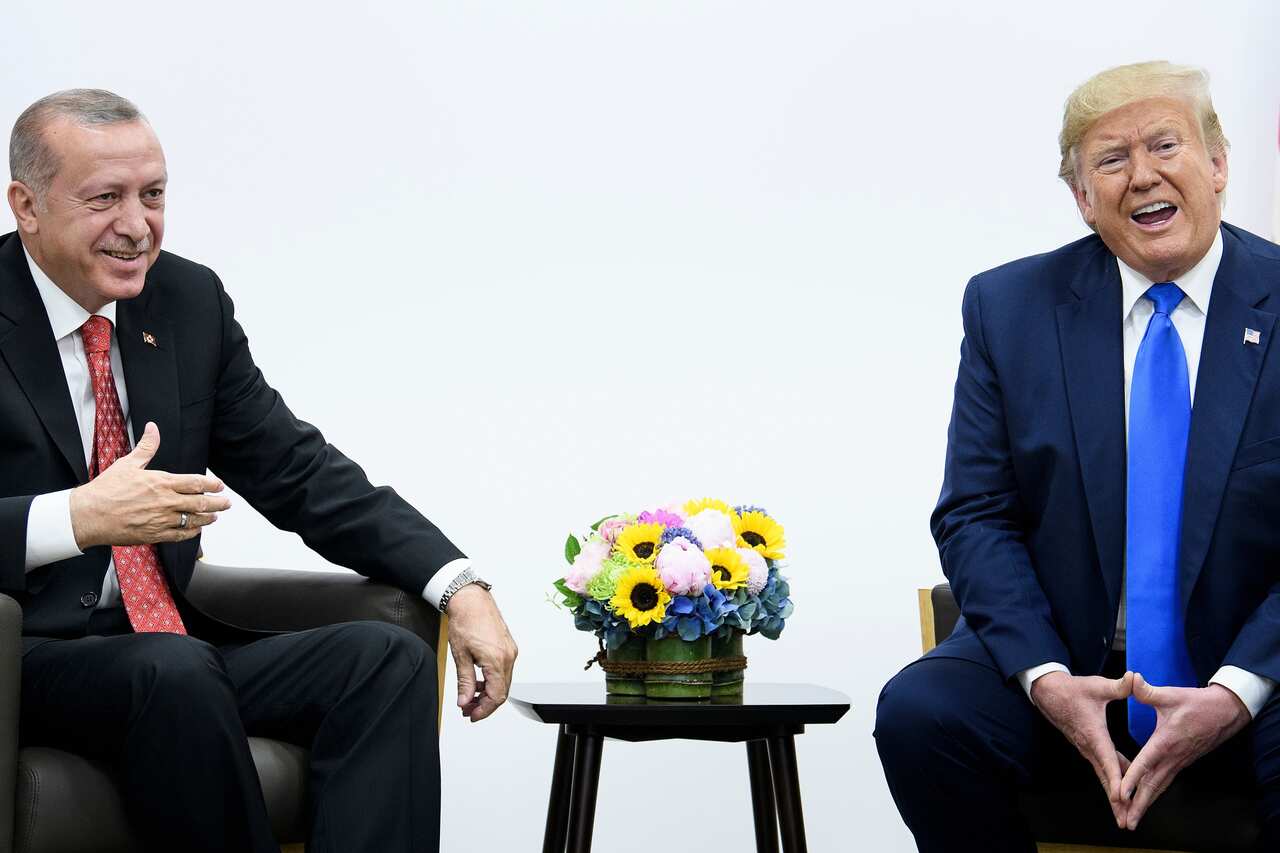 Turkey's President Recep Tayyip Erdogan (L) and US President Donald Trump attend a bilateral meeting during the G20 Summit in Osaka.