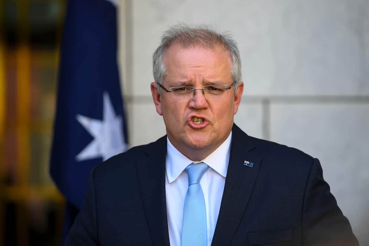 Australian Prime Minister Scott Morrison speaks to the media during a press conference at Parliament House in Canberra, Thursday, July 16, 2020. (AAP Image/Lukas Coch) NO ARCHIVING