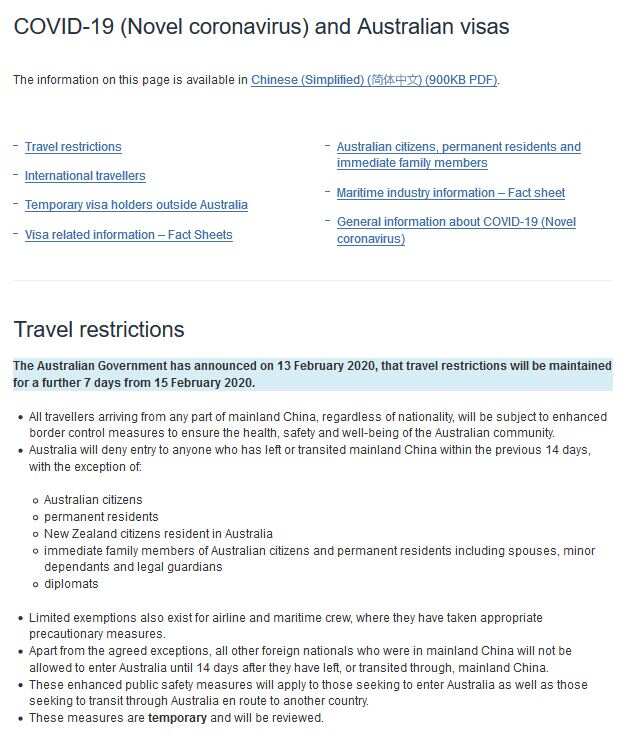Extract from DHA webpage on Travel Warning