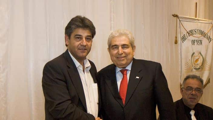 Dimitris Christophias and Themi Kallos at the premises of Cyprus Community of NSW, Sunday 30 May 2011 during the visit of the then president of the Republic