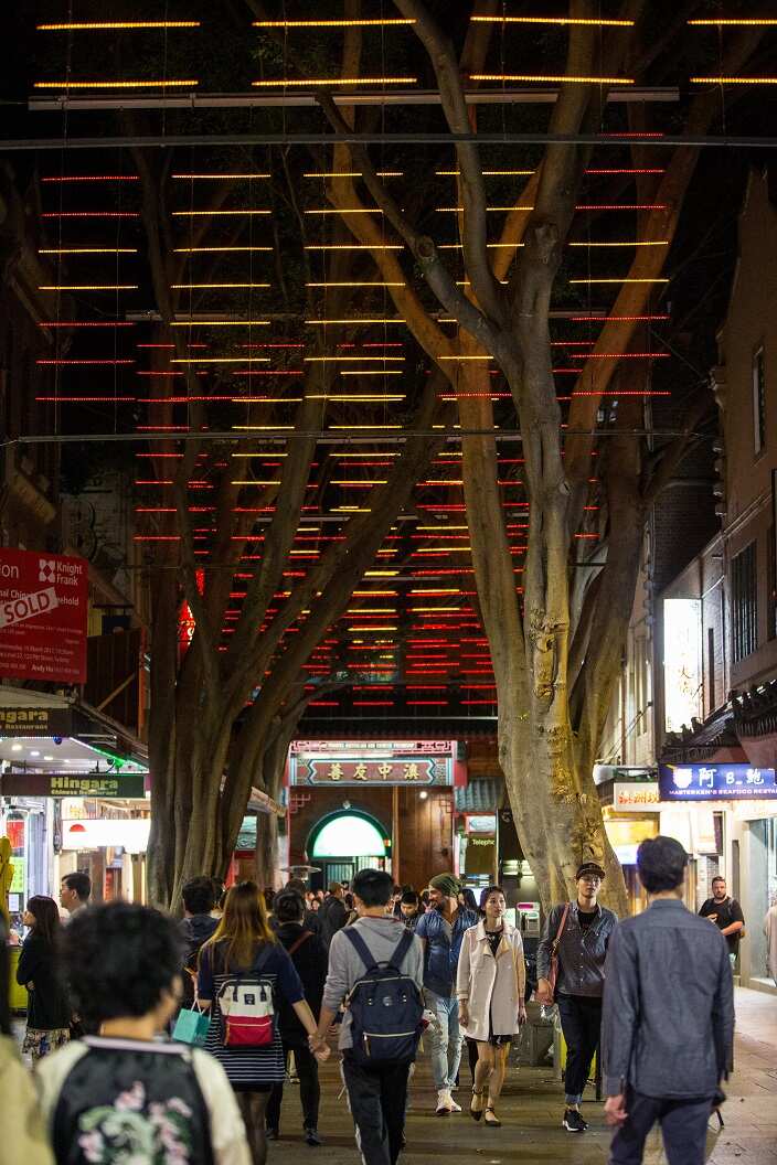 Dixon Street, China - 6th April 2017. The City has reinstalled three light artworks along Dixon St in Chinatown 20 years after they were removed for building works. Artist Peter McGregor has been working with the City to restore and install the lights.