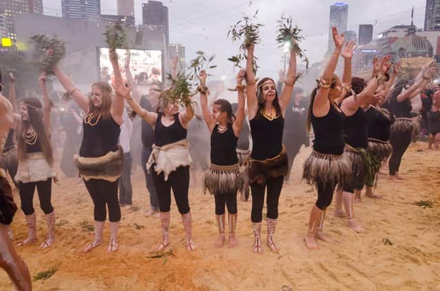 Mandy Nicholson and other women and girls from the Kulin Nation performing the Tanderrum Ceremony. Melbourne Festival 2016.