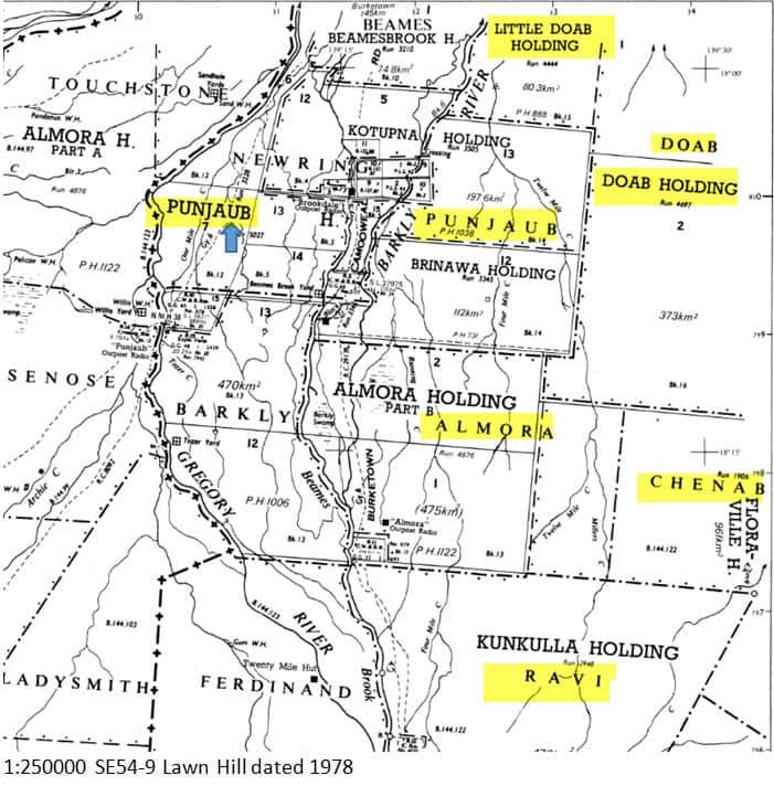 A map of Burke, Queensland, from 1978, showing Punjaub flanked by Doab, Little Doab, Chenab, Ravi and Almora