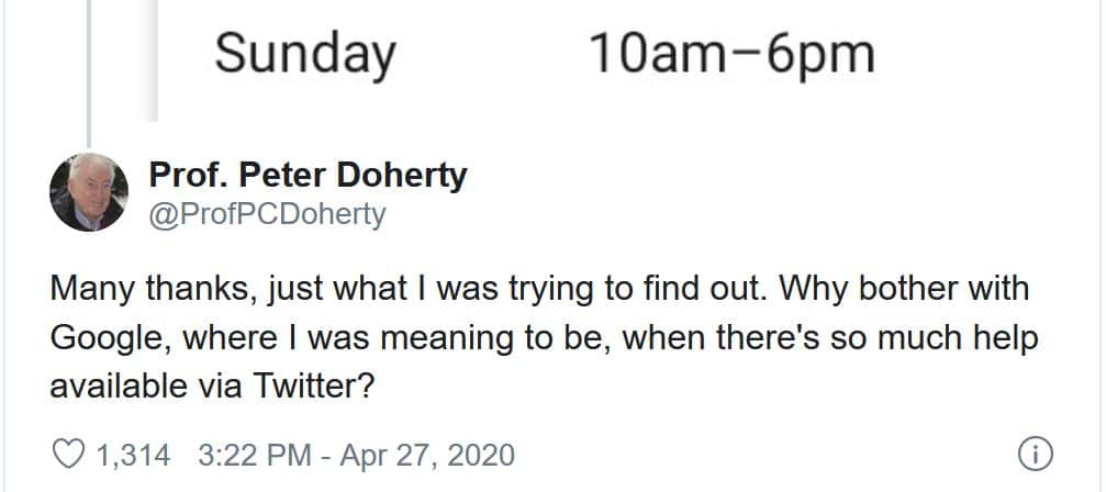 Prof. Peter doherty's witty remarks comparing the searching power of Twitter and Google